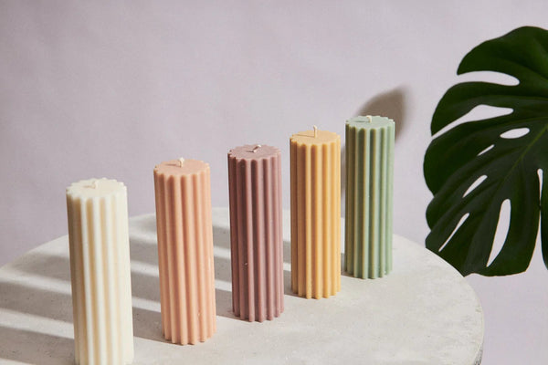 Romy Ribbed Pillar Candle - Honey